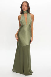 Italia Azure Halterneck Sheer Hem Maxi Dress Olive