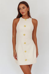 Entice Racerback Gold Button Mini Dress Cream