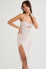 crystal satin and lace midi dress
