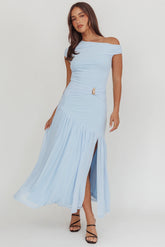Azure Sun Asymmetric Neckline Split Maxi Dress Blue