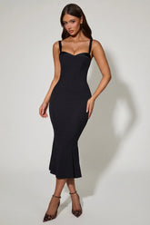 Layered Bra-Detail Fishtail Midaxi Dress in Black