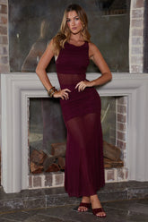 Sade Sheer Panel Ruched Maxi Dress Wine