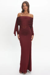 Marlowe Off-Shoulder Sheer Waist Maxi Dress Wine