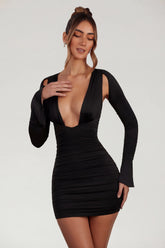 Low Plunge Ruched Mini Dress in Black