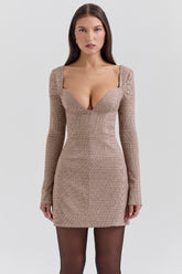 brown puppytooth check plunge mini dress - sale