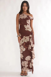 Raphaella Asymmetric Neckline Split Maxi Dress Magnolia Brown