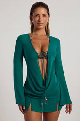 Bead-Embellished Cowl-Neck Sheer Mini Dress in Jade Green