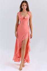 coral georgette ruffle maxi dress