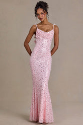 Embellished Open-Back Maxi Dress in Baby Pink