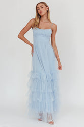 Nerida Twist Back Frill Trim Mesh Maxi Dress Steel Blue