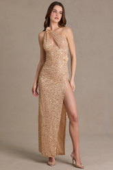 Embellished Asymmetric One-Shoulder Maxi Dress in Beige Gold