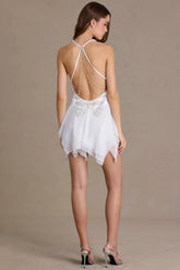 Chiffon Plunge-Neck Open-Back Mini Dress in White