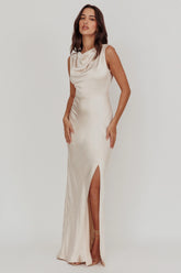 Jinora Cowl Neck Leg Slit Satin Maxi Dress