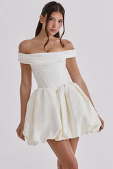 ivory satin off shoulder mini bridal gown