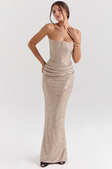 pale gold chiffon mesh strapless corset maxi dress