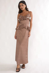 Tahlie Ruffle Trim Maxi Dress Polka Dot Mocha