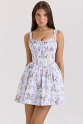 lilac ribbon print cotton mini dress