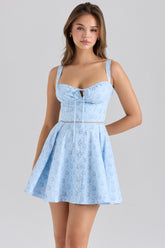 blue floral print stretch cotton mini dress