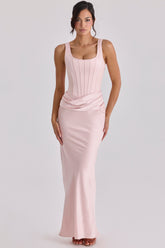 blush pink satin gathered maxi dress