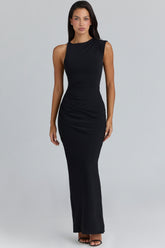 black asymmetric draped maxi dress