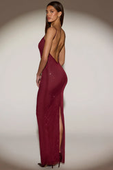 Sheer Embellished Backless Maxi Dress in Burgundy