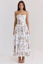 off white vintage ribbon print cotton midi sundress
