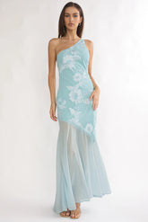 Mireya One-Shoulder Sheer Hem Maxi Dress Aqua