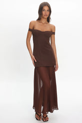 Opulent Off-Shoulder Sheer Hem Maxi Dress Chocolate