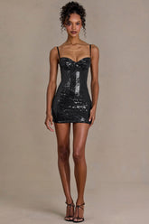 Sequin Lace Corset Mini Dress in Black