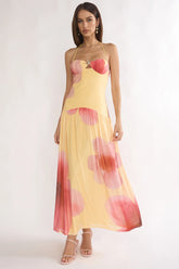Justyne Drop Waist Halter Maxi Dress Floral Yellow