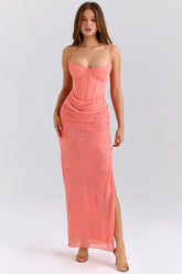 coral embellished hand beaded maxi dress