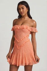 Off-Shoulder Lace A-Line Mini Dress in Peach
