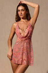 Cowl-Plunge Mini Dress in Paisley Print