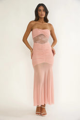 Sade Strapless Sheer Panel Ruched Maxi Dress Blush