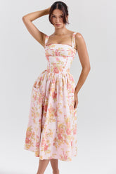 peach poppy print cotton midi sundress
