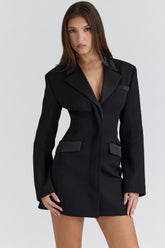 black satin trimmed hourglass blazer dress
