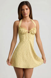 Halterneck A-Line Mini Dress in Yellow Flower Print