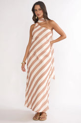 Mirona One Shoulder Scarf Maxi Dress Stripe Camel