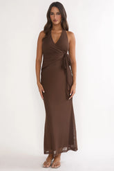 Halo Moon Wrap Front Halter Maxi Dress Chocolate