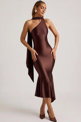 Asymmetric Scarf-Detail Midaxi Dress in Chocolate Brown