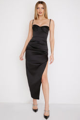 black satin pleated corset midi dress