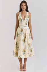 lemon ribbon stretch cotton halter midi sundress