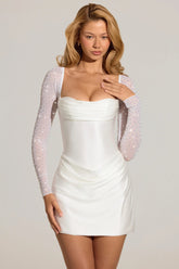Embellished Long-Sleeve Draped Mini Dress in White