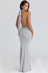 silver grey halter neck backless maxi dress