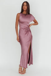 Larelle One-Sleeve Front Split Maxi Dress Grape