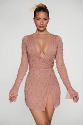 Embellished Wrap Over A-Line Mini Dress in Beige