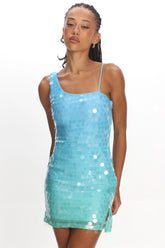 Nights In Portofino Asymmetric Shoulder Sequin Mini Dress Blue Multi