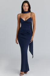 navy satin gathered maxi dress + scarf