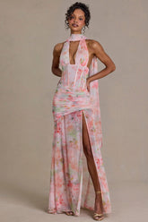 Embellished Scarf-Detail Maxi Dress in Pink Floral Print