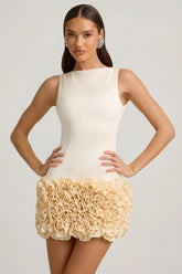 Satin Floral Appliqué Open-Back Mini Dress in Ivory